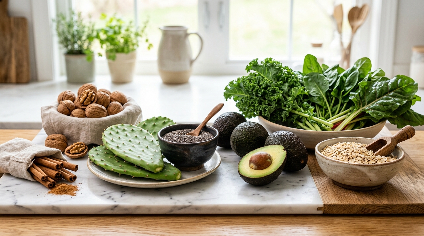 Ingredientes naturales y superalimentos para balancear la glucosa: nopal, chía, aguacate, canela y nueces
